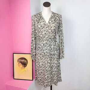 Vintage 1970s Brown & Cream Floral Print Long Sleeve Dress